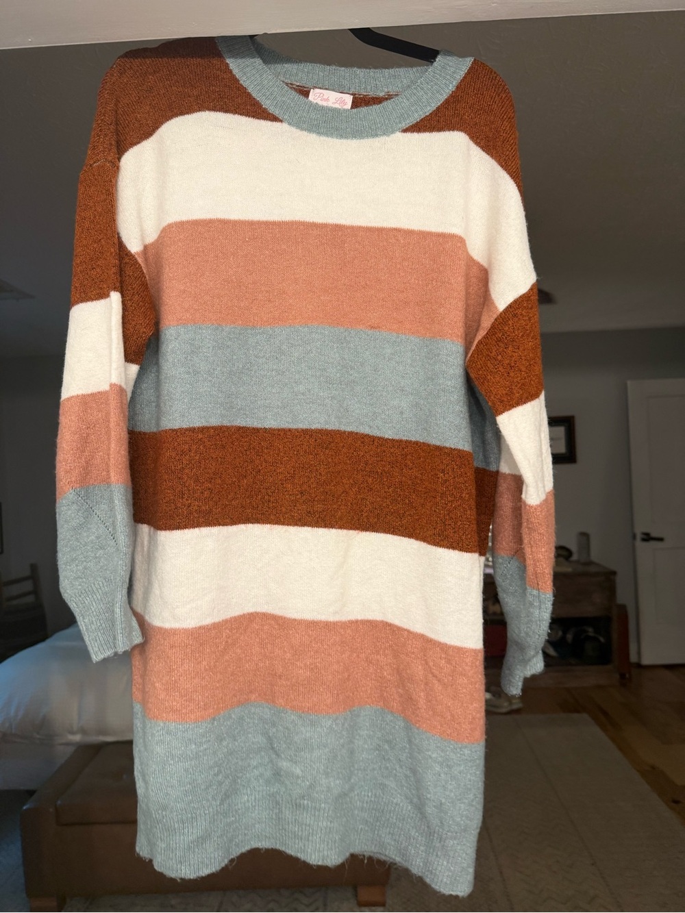 Pink Lily Striped Knit Sweater Dress in Rust, Dusty Pink, Light Blue & Cream